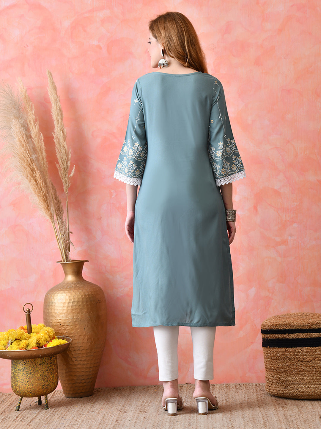 Dusty Teal Floral Vine Embroidered Look Printed Rayon Kurta with Lace & Border Detailing