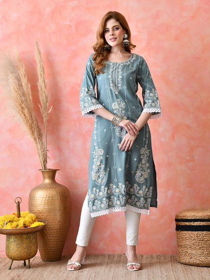 Dusty Teal Floral Vine Embroidered Look Printed Rayon Kurta with Lace & Border Detailing