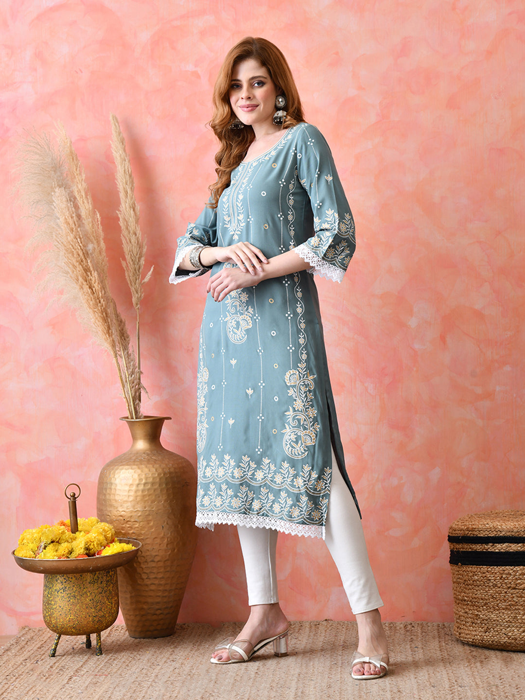 Dusty Teal Floral Vine Embroidered Look Printed Rayon Kurta with Lace & Border Detailing