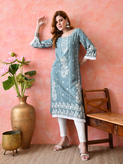 Dusty Teal Floral Vine Embroidered Look Printed Rayon Kurta with Lace & Border Detailing