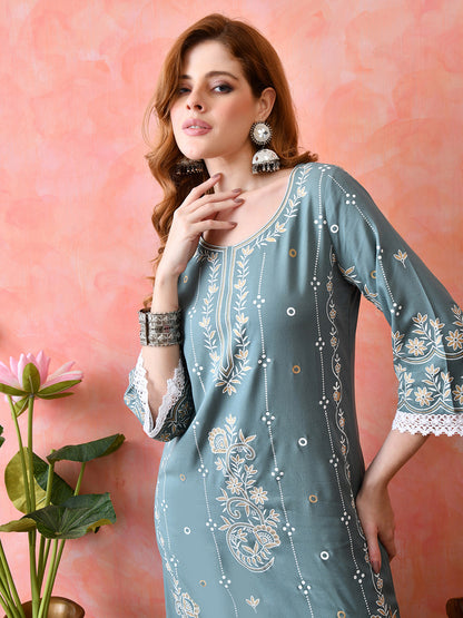 Dusty Teal Floral Vine Embroidered Look Printed Rayon Kurta with Lace & Border Detailing