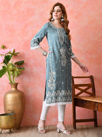 Dusty Teal Floral Vine Embroidered Look Printed Rayon Kurta with Lace & Border Detailing