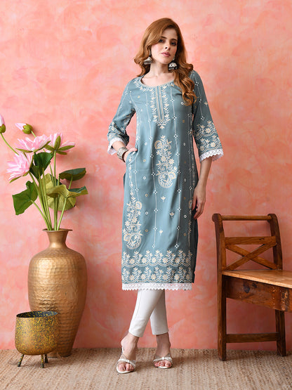 Dusty Teal Floral Vine Embroidered Look Printed Rayon Kurta with Lace & Border Detailing