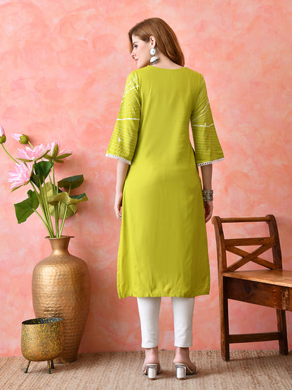 Lime Green Abstract Printed Rayon Kurta with Lace Detailing