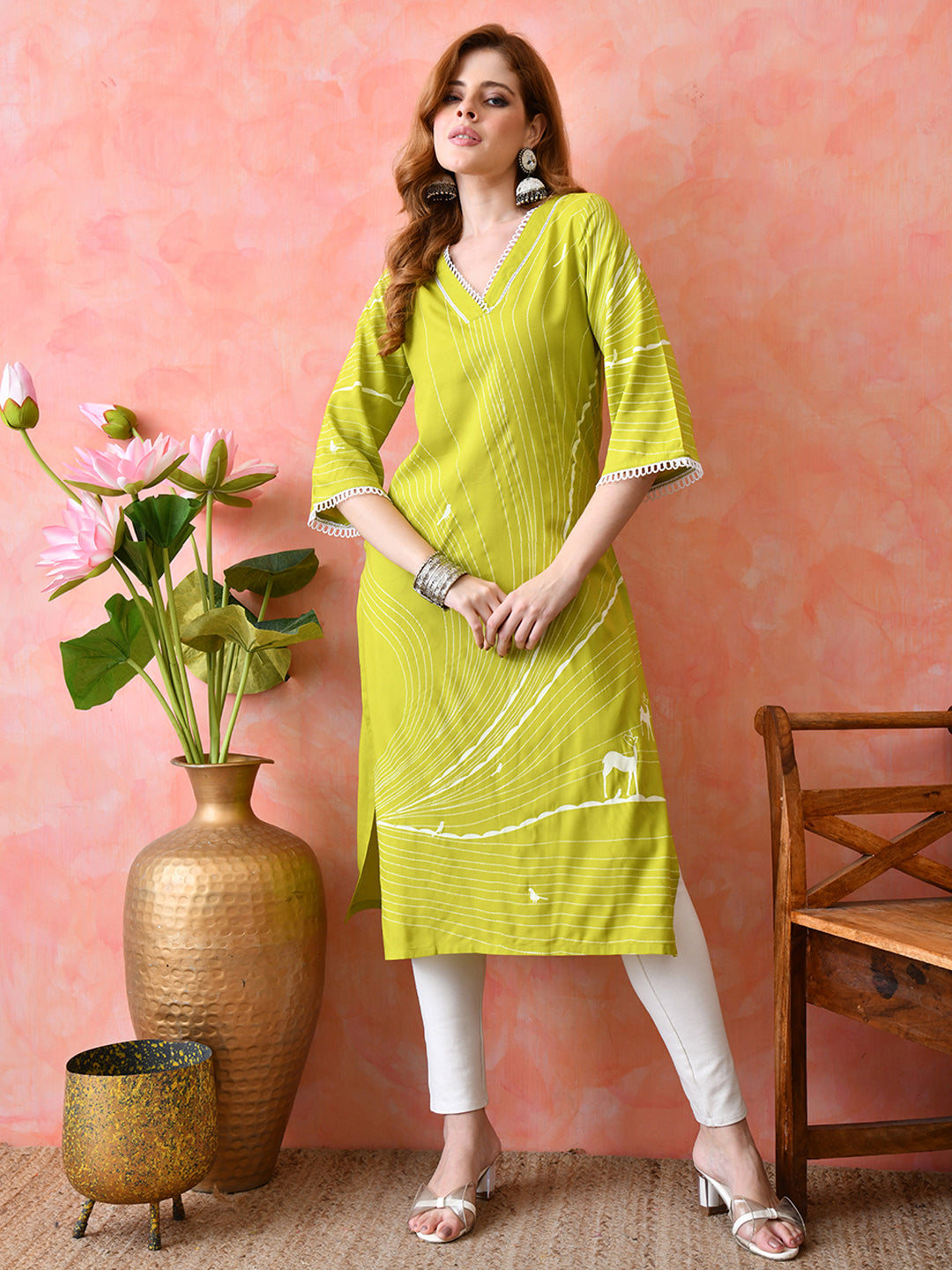 Lime Green Abstract Printed Rayon Kurta with Lace Detailing