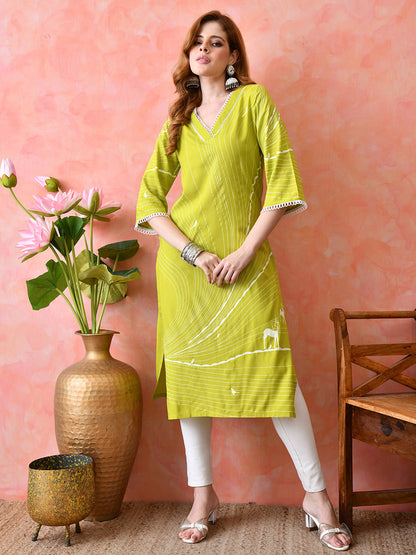 Lime Green Abstract Printed Rayon Kurta with Lace Detailing