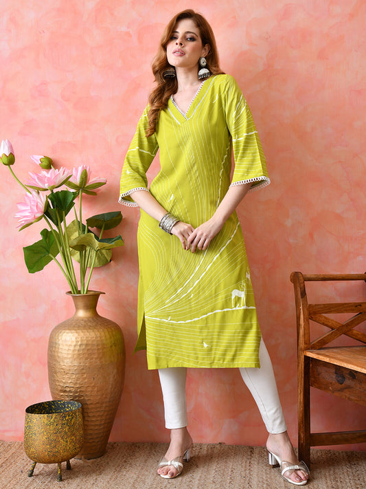 Lime Green Abstract Printed Rayon Kurta with Lace Detailing