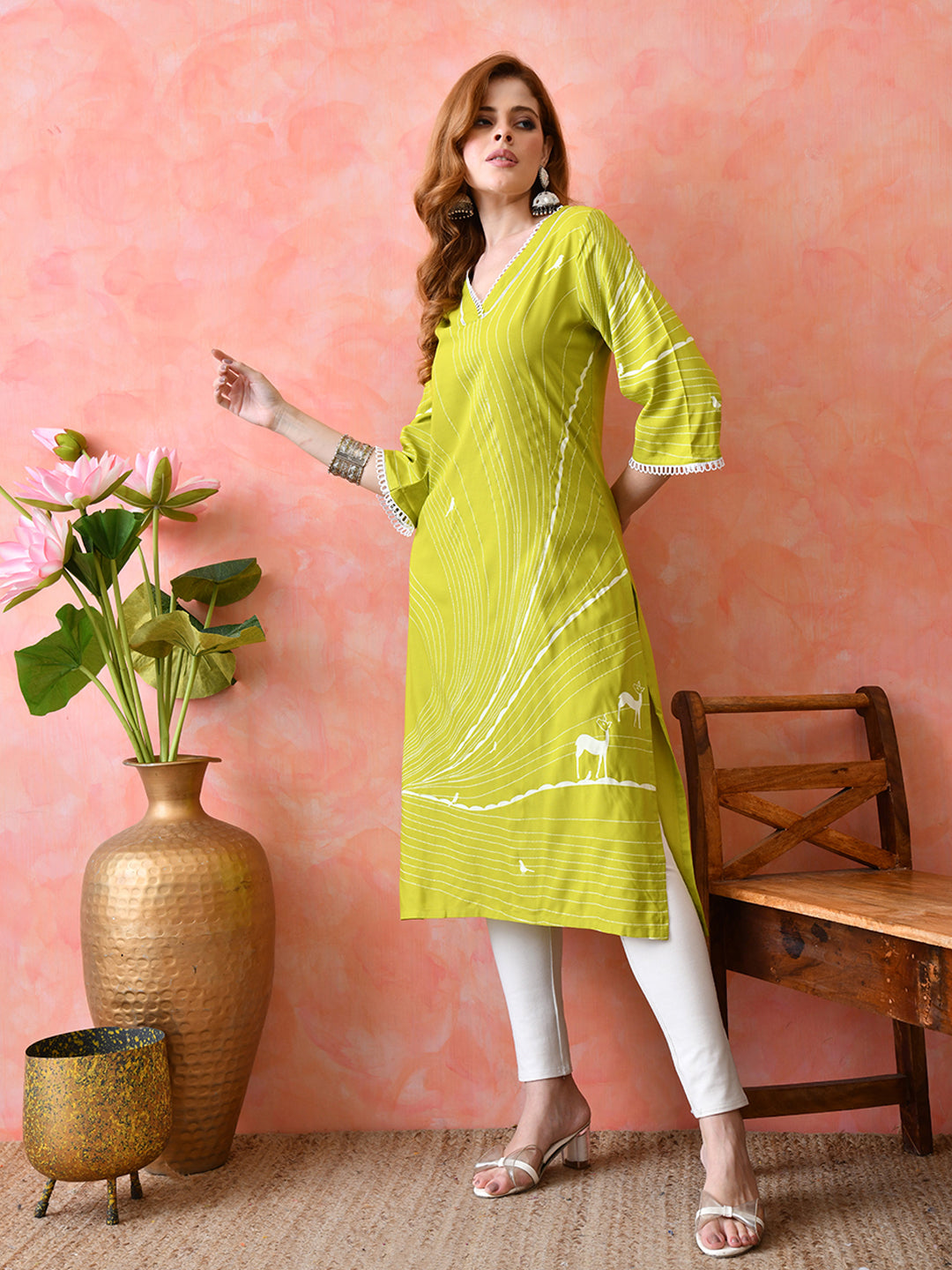 Lime Green Abstract Printed Rayon Kurta with Lace Detailing