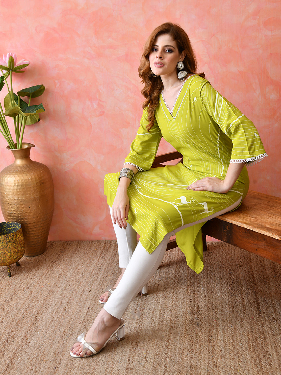 Lime Green Abstract Printed Rayon Kurta with Lace Detailing