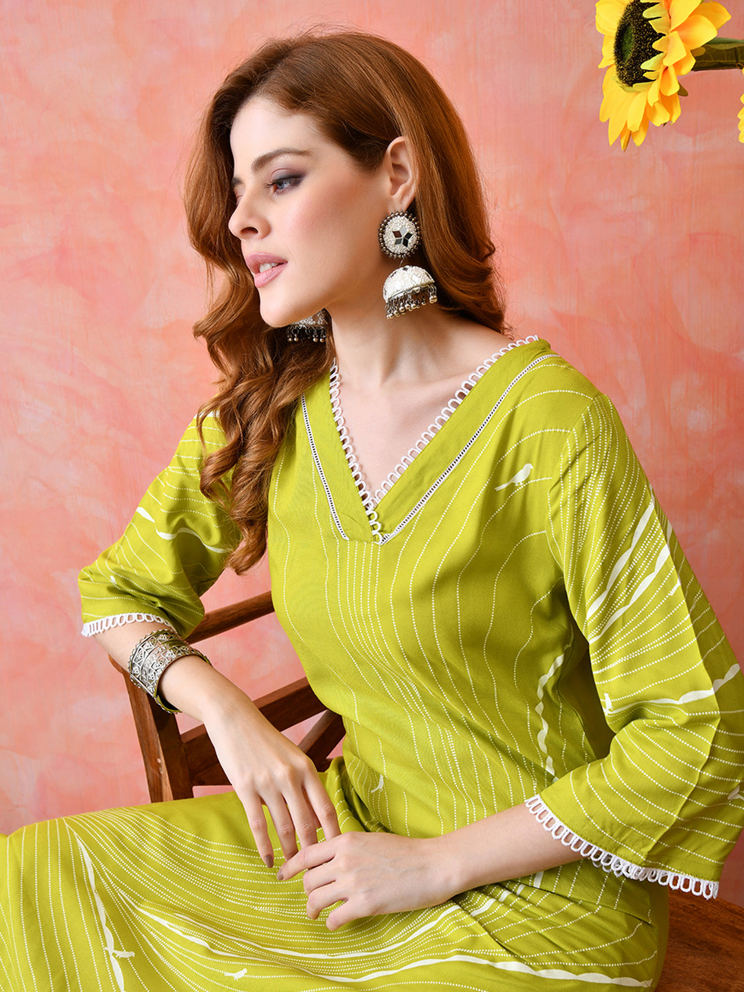 Lime Green Abstract Printed Rayon Kurta with Lace Detailing