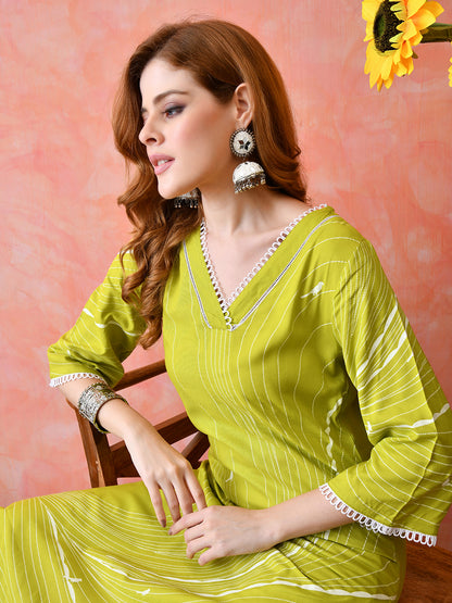 Lime Green Abstract Printed Rayon Kurta with Lace Detailing