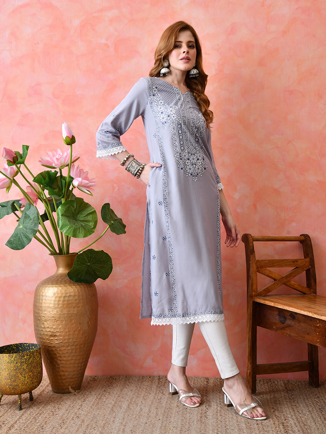 Lavender Grey Floral Printed Rayon Kurta with Lace & Border Detailing