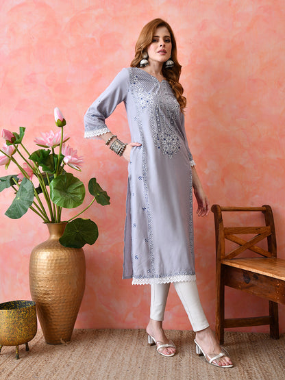 Lavender Grey Floral Printed Rayon Kurta with Lace & Border Detailing