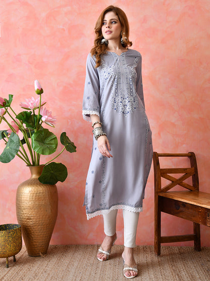 Lavender Grey Floral Printed Rayon Kurta with Lace & Border Detailing