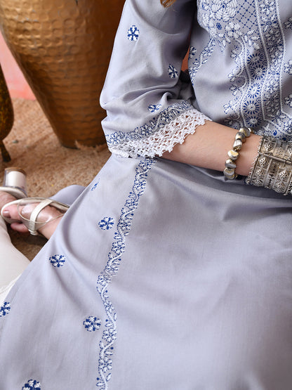 Lavender Grey Floral Printed Rayon Kurta with Lace & Border Detailing