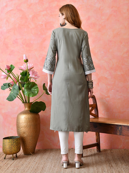 Dusty Olive Floral Vine Printed Rayon Kurta with Lace & Border Detailing