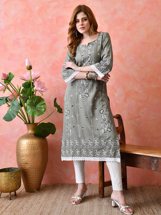 Dusty Olive Floral Vine Printed Rayon Kurta with Lace & Border Detailing