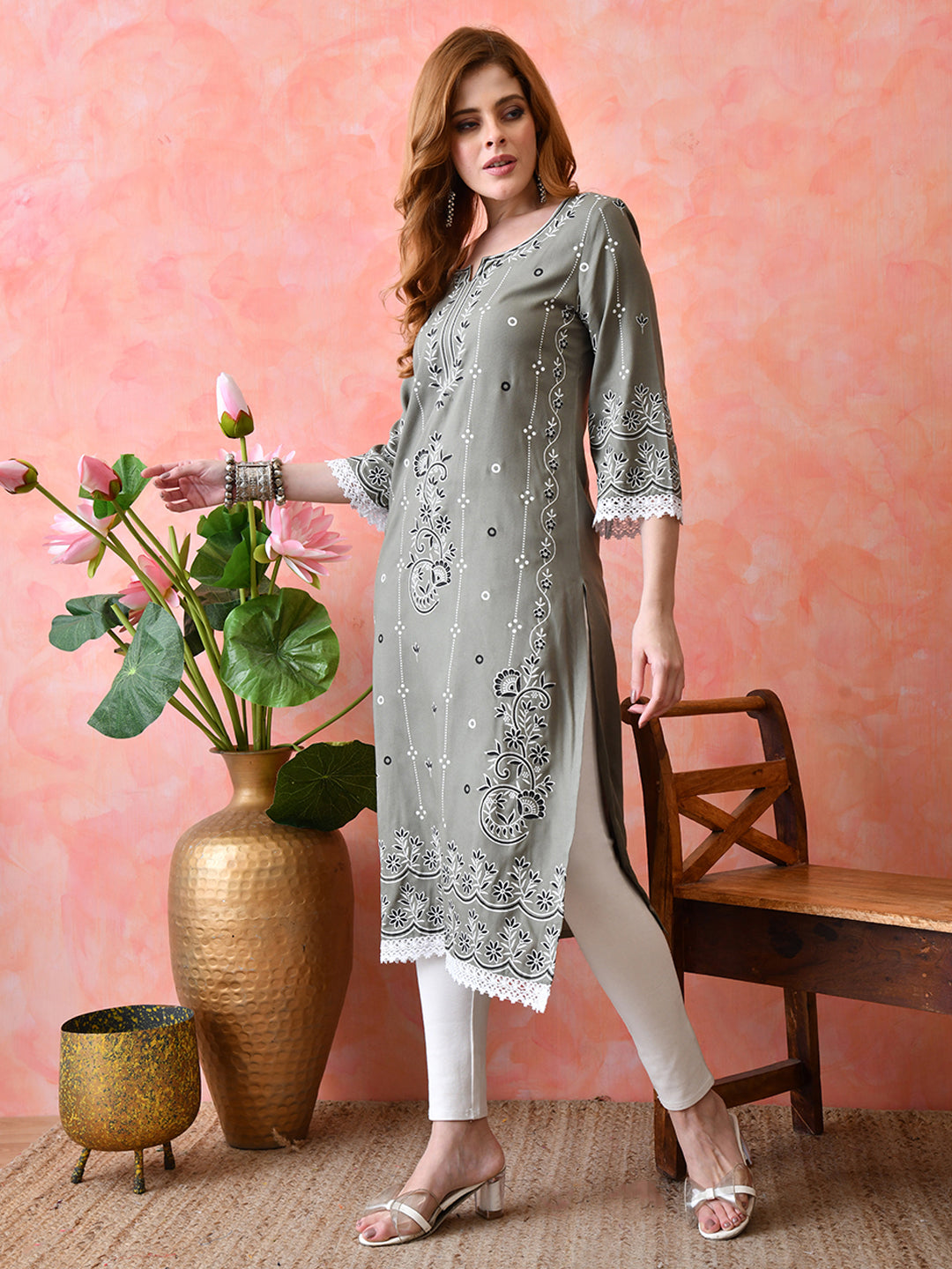 Dusty Olive Floral Vine Printed Rayon Kurta with Lace & Border Detailing