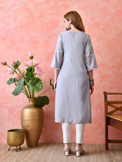 Dusty Lavender Abstract Printed Rayon Kurta with Lace Detailing