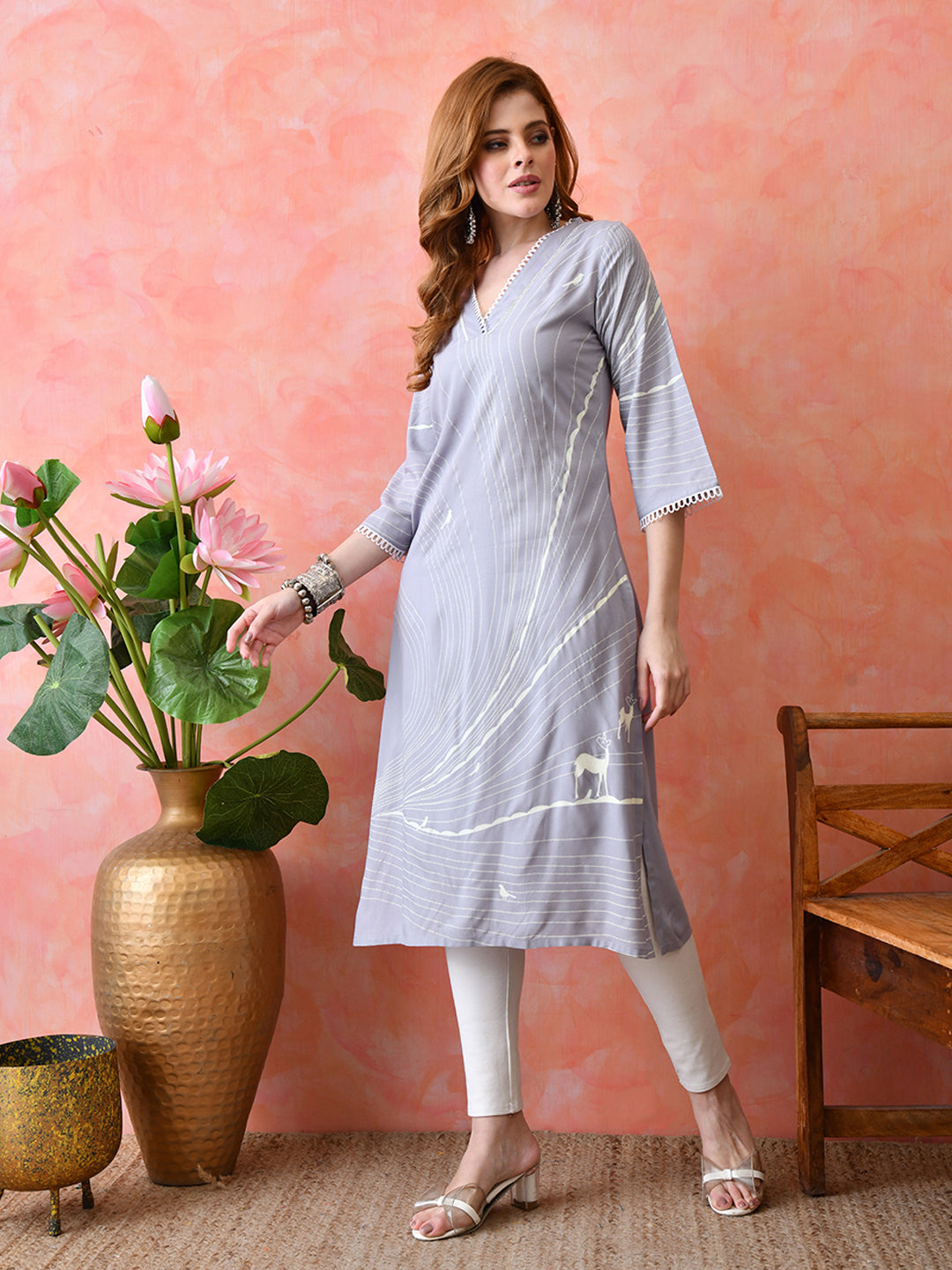 Dusty Lavender Abstract Printed Rayon Kurta with Lace Detailing