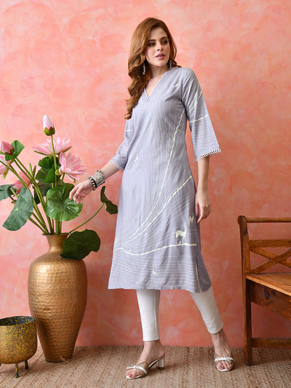 Dusty Lavender Abstract Printed Rayon Kurta with Lace Detailing