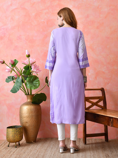 Light Lavender Diagonal Paisley Printed Rayon Kurta with Border Detailing