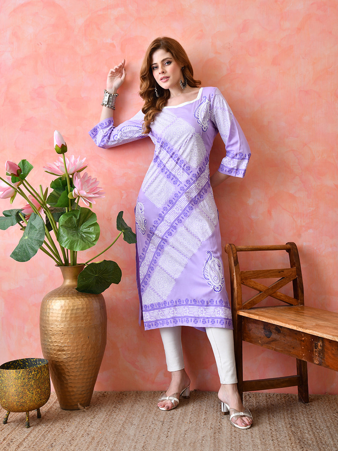 Light Lavender Diagonal Paisley Printed Rayon Kurta with Border Detailing