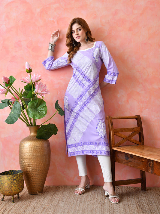 Light Lavender Diagonal Paisley Printed Rayon Kurta with Border Detailing