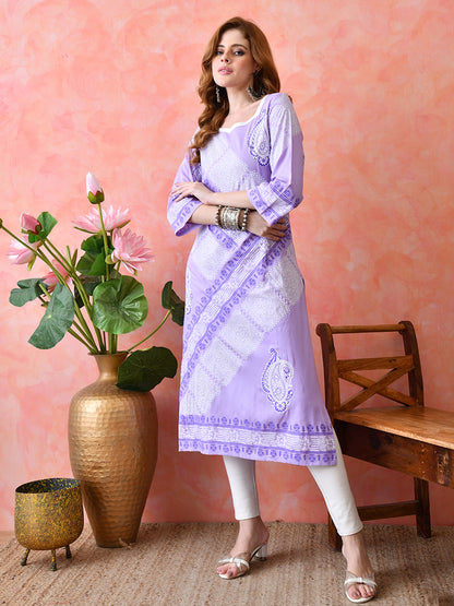 Light Lavender Diagonal Paisley Printed Rayon Kurta with Border Detailing