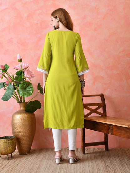 Bright Yellowish Green Floral Panel Printed Rayon Kurta with Lace & Border Detailing