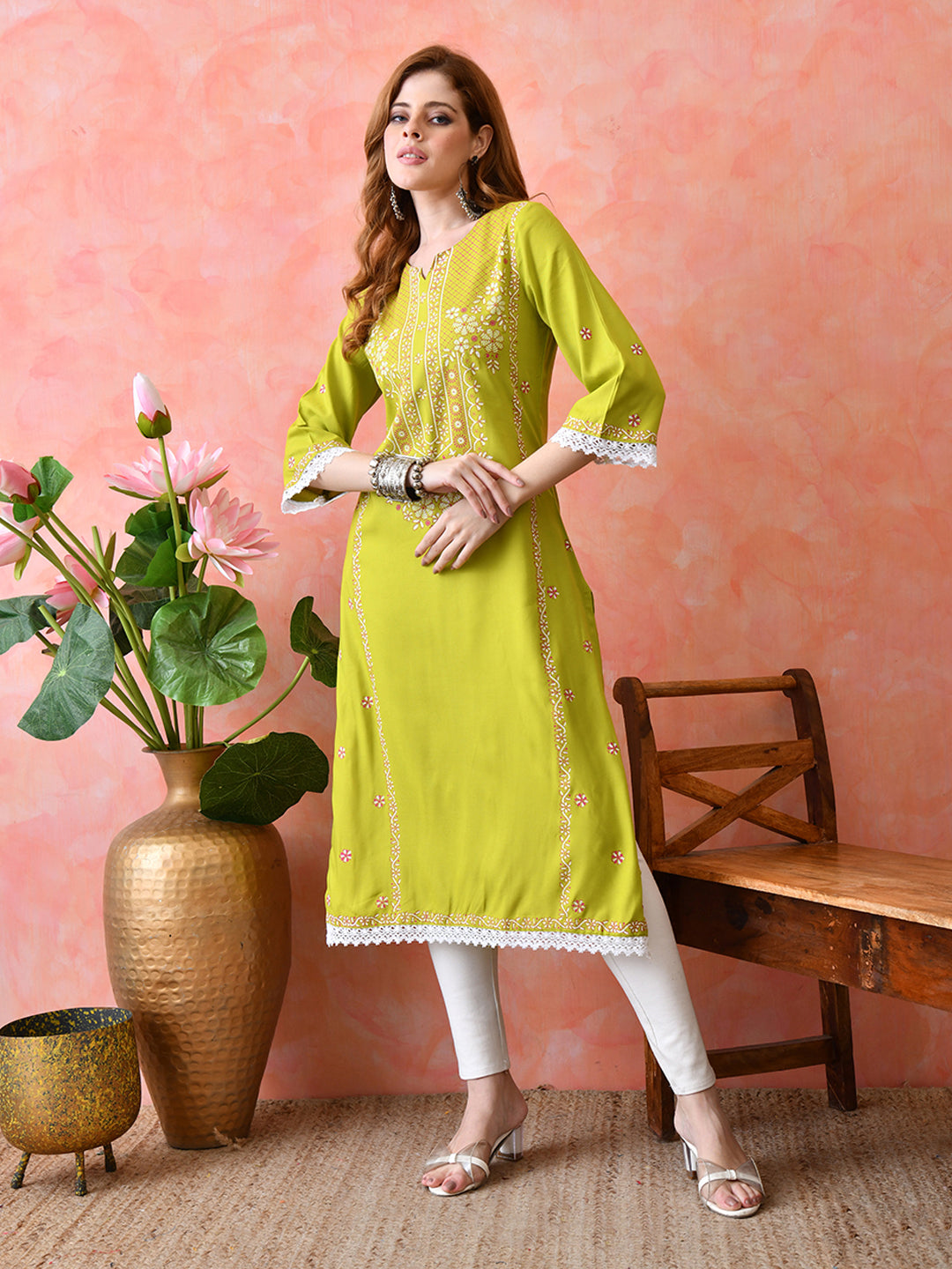 Bright Yellowish Green Floral Panel Printed Rayon Kurta with Lace & Border Detailing