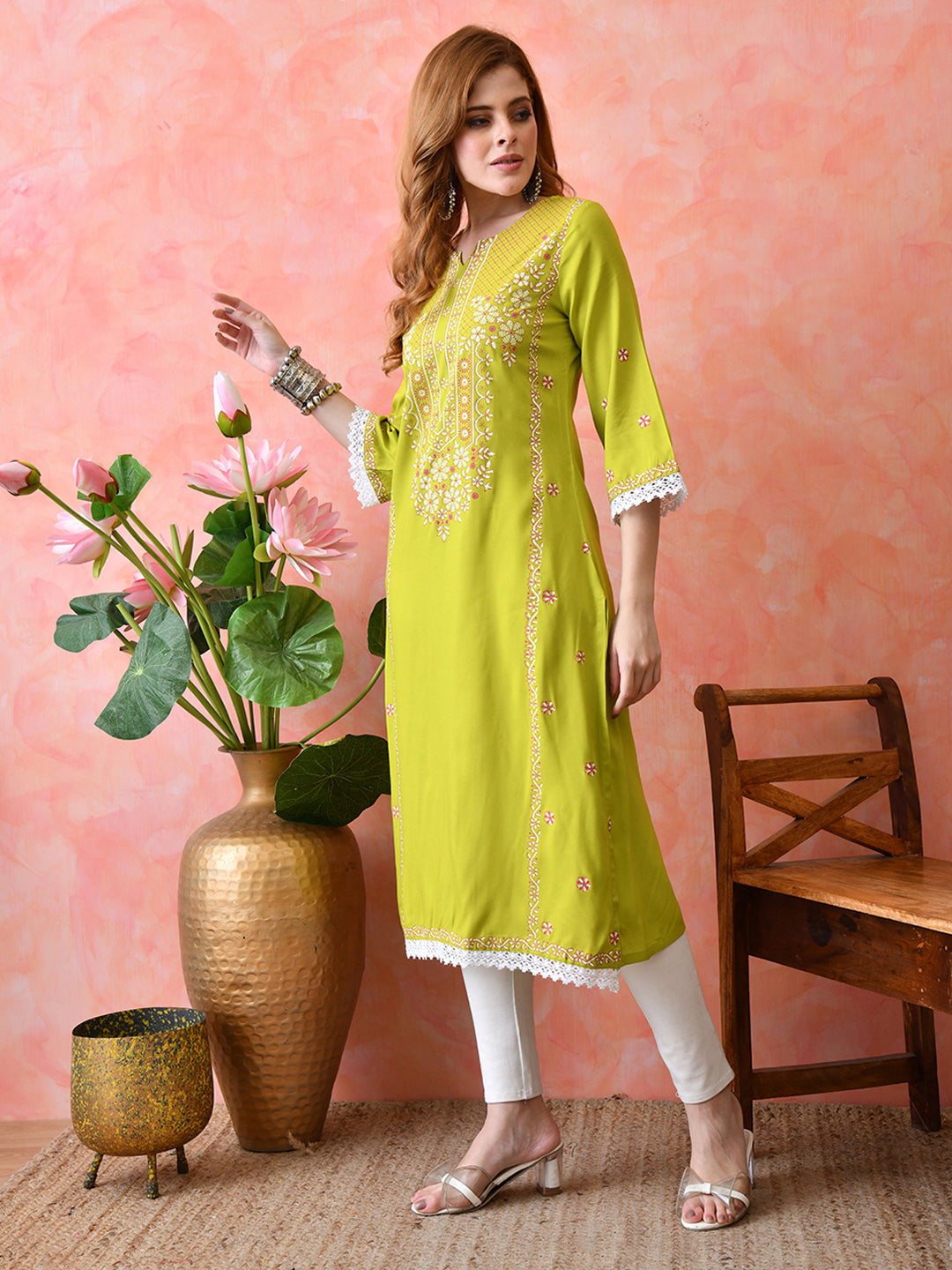 Bright Yellowish Green Floral Panel Printed Rayon Kurta with Lace & Border Detailing