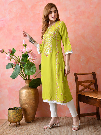 Bright Yellowish Green Floral Panel Printed Rayon Kurta with Lace & Border Detailing