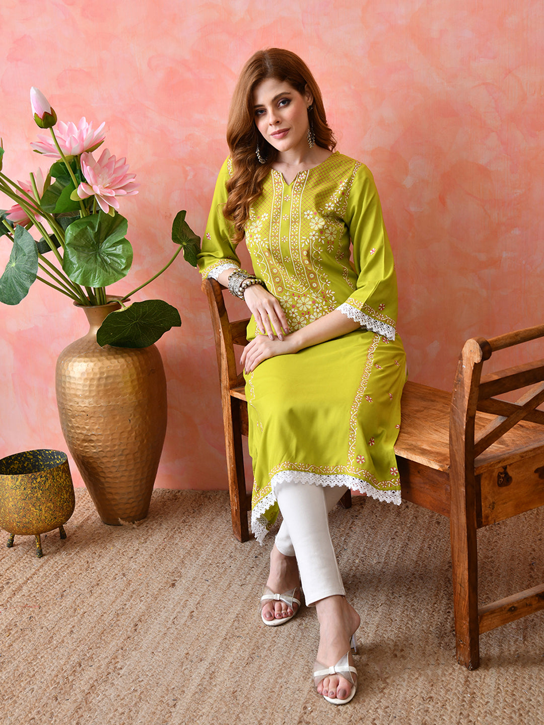 Bright Yellowish Green Floral Panel Printed Rayon Kurta with Lace & Border Detailing