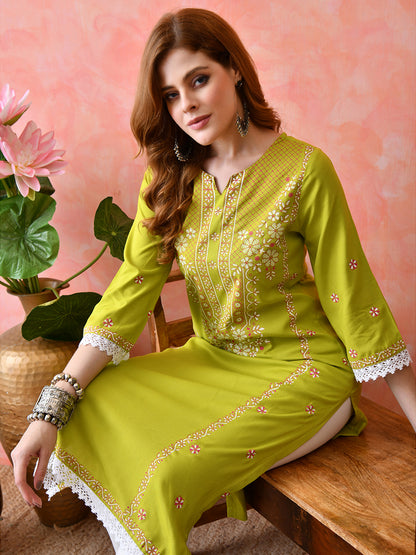 Bright Yellowish Green Floral Panel Printed Rayon Kurta with Lace & Border Detailing