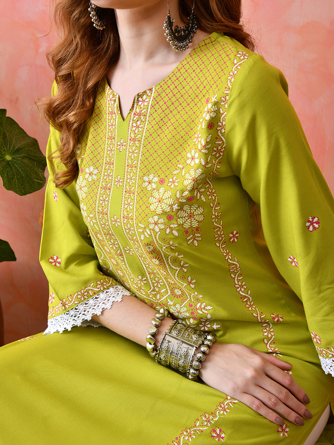 Bright Yellowish Green Floral Panel Printed Rayon Kurta with Lace & Border Detailing