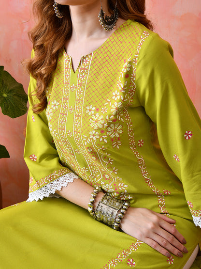 Bright Yellowish Green Floral Panel Printed Rayon Kurta with Lace & Border Detailing