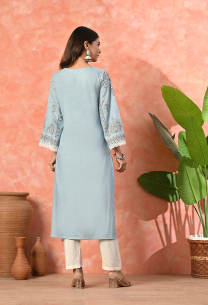 Mist Blue Floral Buti Printed Rayon Kurta with Ethnic Panel, Bell Sleeves & Lace Hem Detailing