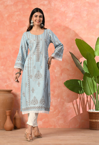 Mist Blue Floral Buti Printed Rayon Kurta with Ethnic Panel, Bell Sleeves & Lace Hem Detailing