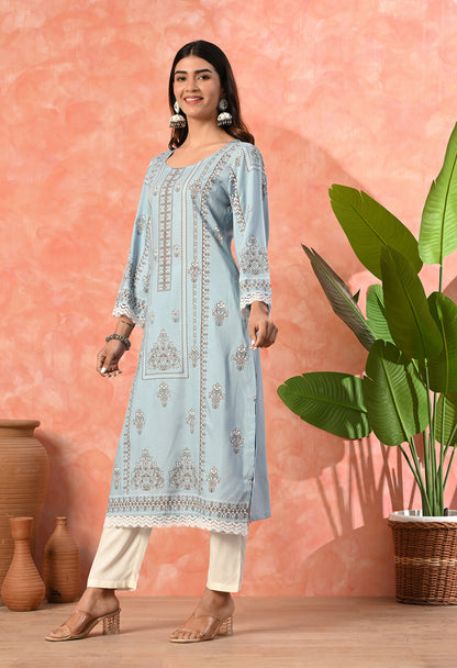 Mist Blue Floral Buti Printed Rayon Kurta with Ethnic Panel, Bell Sleeves & Lace Hem Detailing