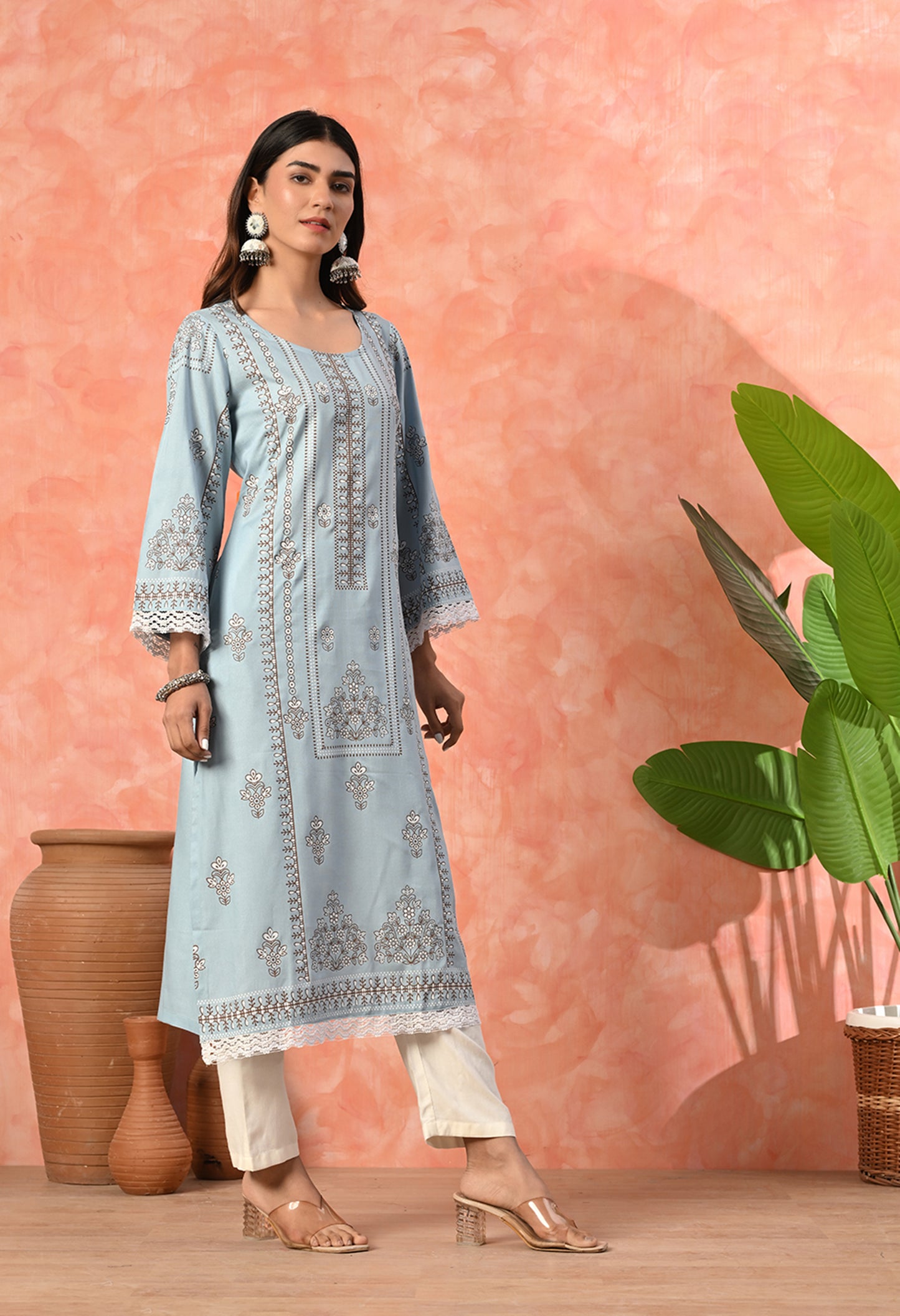 Mist Blue Floral Buti Printed Rayon Kurta with Ethnic Panel, Bell Sleeves & Lace Hem Detailing
