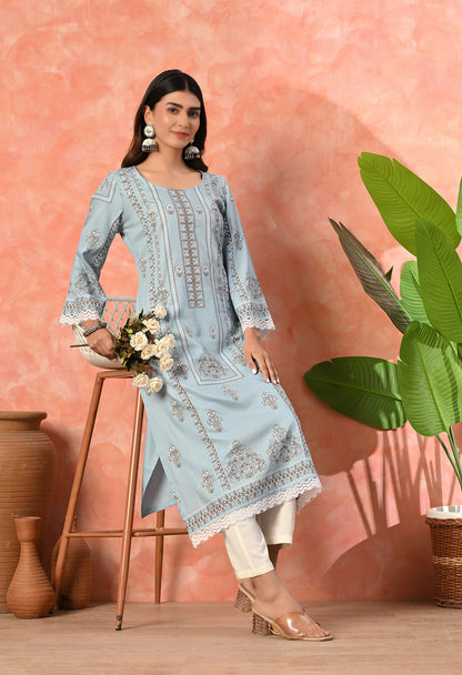 Mist Blue Floral Buti Printed Rayon Kurta with Ethnic Panel, Bell Sleeves & Lace Hem Detailing