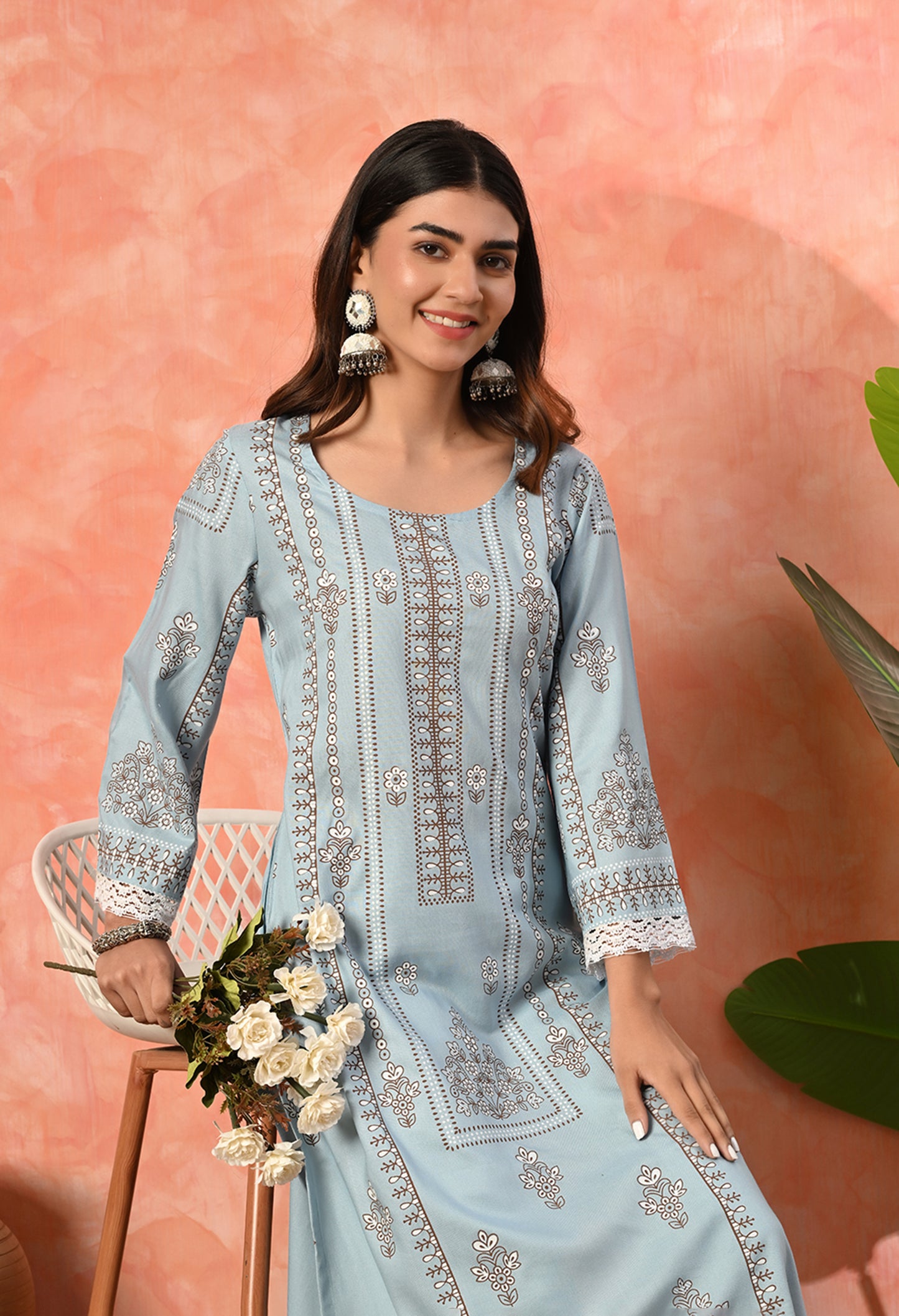 Mist Blue Floral Buti Printed Rayon Kurta with Ethnic Panel, Bell Sleeves & Lace Hem Detailing
