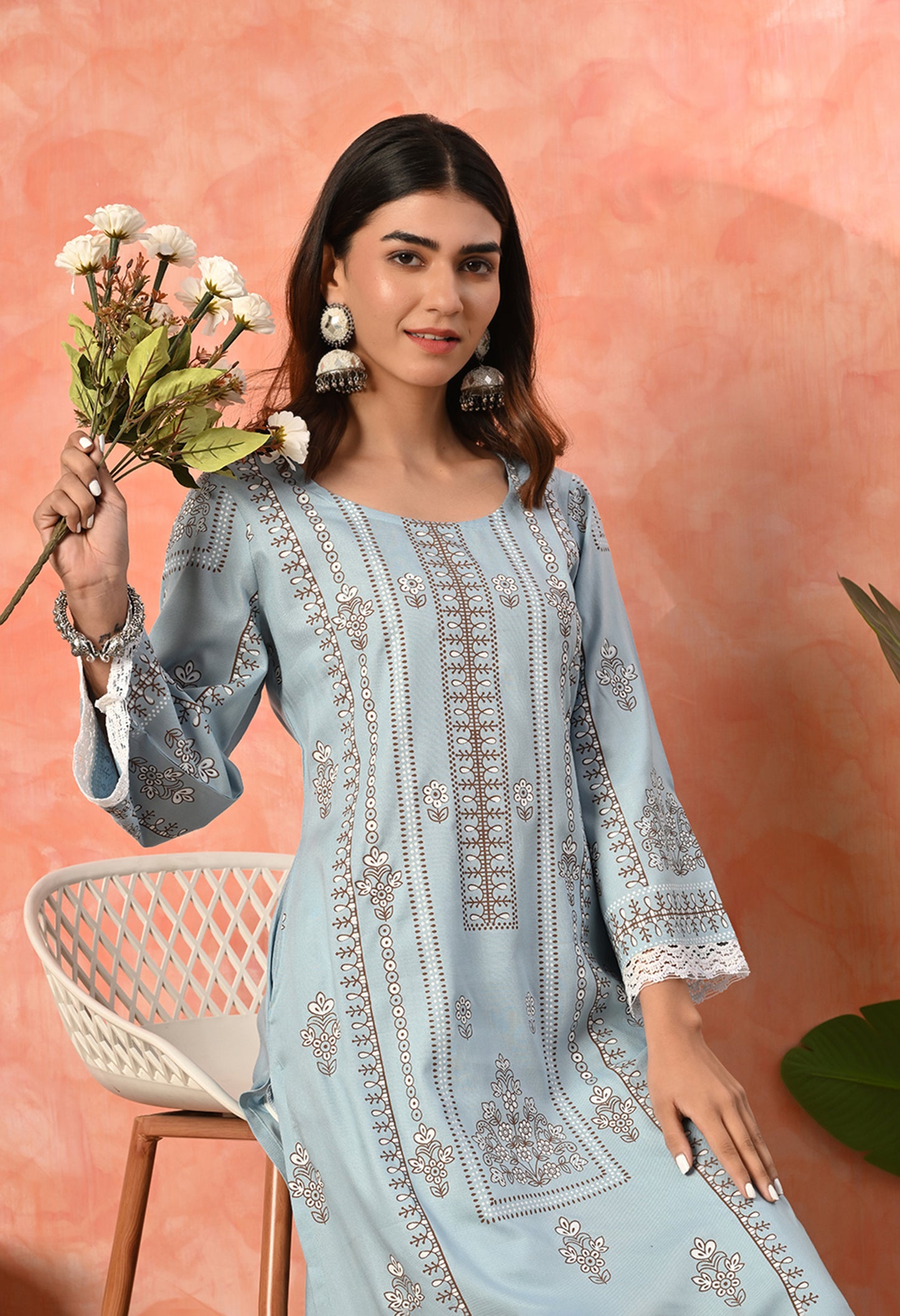Mist Blue Floral Buti Printed Rayon Kurta with Ethnic Panel, Bell Sleeves & Lace Hem Detailing