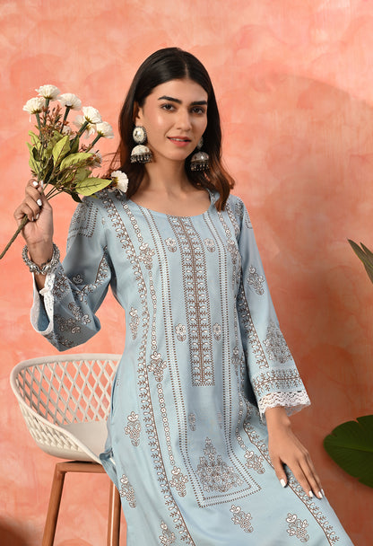 Mist Blue Floral Buti Printed Rayon Kurta with Ethnic Panel, Bell Sleeves & Lace Hem Detailing