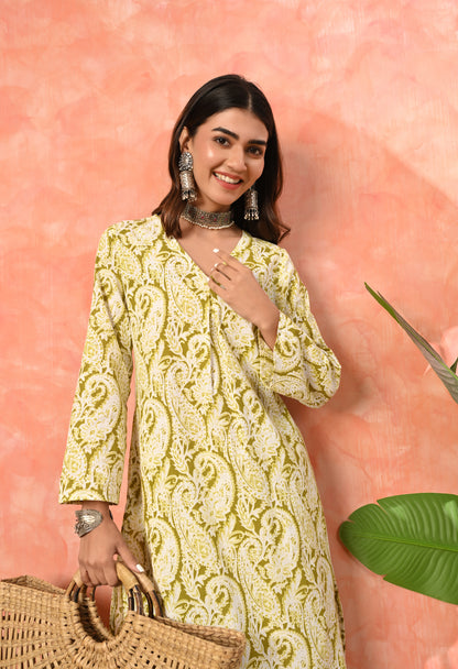 Golden Olive Heritage Paisley Rayon Kurta Set with V-Slit Neckline & Functional Side Pocket