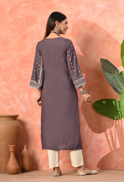 Smoky Purple Traditional Printed Rayon Kurta with Ethnic Border Detailing & Side Pocket