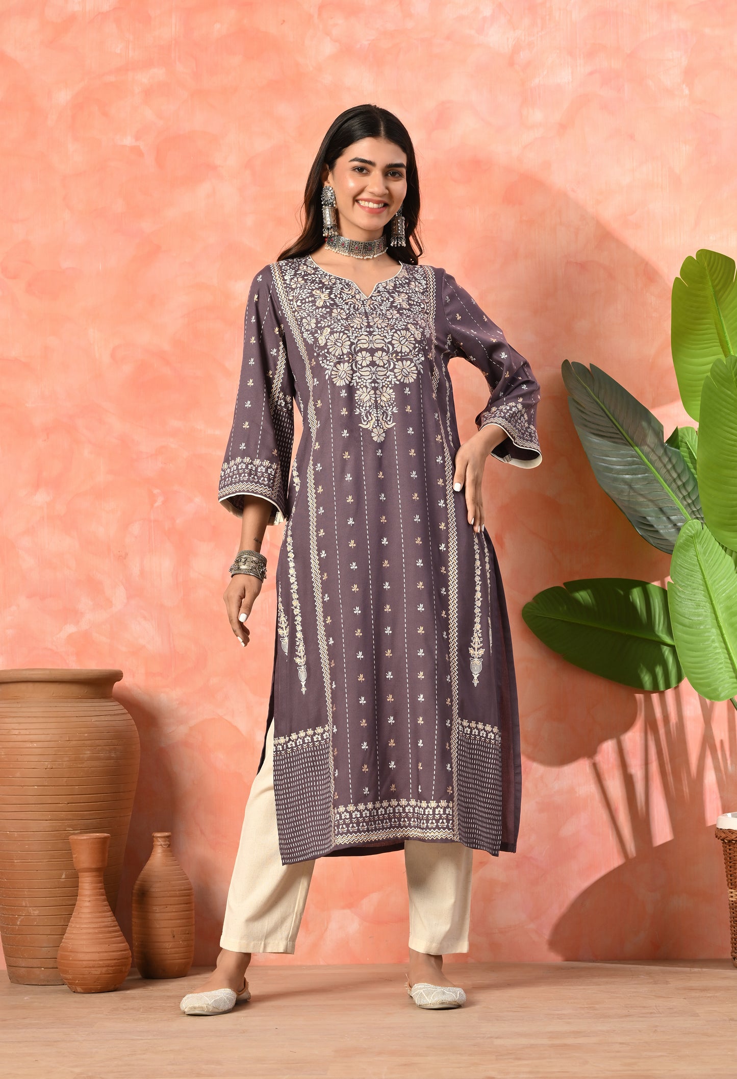 Smoky Purple Traditional Printed Rayon Kurta with Ethnic Border Detailing & Side Pocket