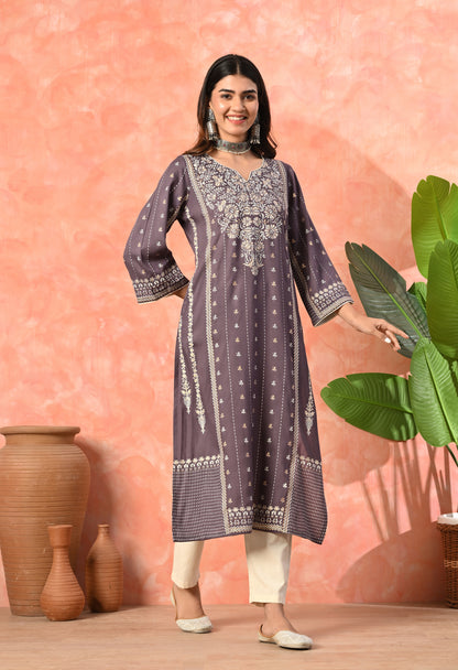 Smoky Purple Traditional Printed Rayon Kurta with Ethnic Border Detailing & Side Pocket