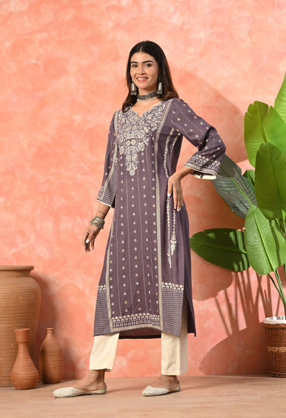 Smoky Purple Traditional Printed Rayon Kurta with Ethnic Border Detailing & Side Pocket